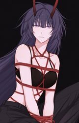  arms_behind_back bad_id bad_twitter_id black_background black_pants bondage bondage bondage bound bound_arms box_tie breast_bondage breasts clenched_teeth collarbone female highres honkai_(series) honkai_impact_3rd horns kyoshin9o long_hair looking_at_viewer pants parted_lips purple_eyes purple_hair raiden_mei raiden_mei_(herrscher_of_thunder) red_rope rope shibari_over_clothes solo teeth 