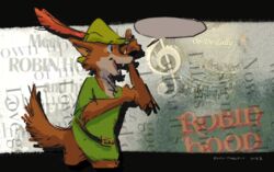  anthro belt canid canine clothing disney dreamywolfdd empty_speech_bubble fox hat_feather headgear headwear loose_feather male mammal musical_note red_fox robin_hood_(disney) solo speech_bubble tail treble_clef true_fox 