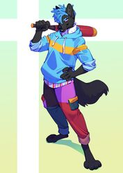  absurd_res anthro baseball_bat bat_(object) biped bottomwear canid canine clothed clothing digital_media_(artwork) digitigrade dreadlocks fully_clothed hi_res holding_object hoodie looking_at_viewer male mammal pants paws shaded simple_background smile solo standing takiminada topwear 