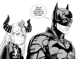  1boy animal_on_head batman batman_(series) bird bird_on_head collar crossover crow_(la+_darknesss) dc_comics english_text female greyscale hair_behind_ear highres hololive horns jacket la+_darknesss la+_darknesss_(1st_costume) looking_at_viewer meme monochrome on_head pointy_ears portrait speech_bubble superhero_costume teenage_mutant_ninja_turtles the_batman_(2022) this_is_where_i_watched_my_parents_die_raphael_(meme) v-shaped_eyebrows virtual_youtuber xyanaid 