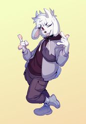  absurd_res anthro biped bottomwear bovid caprine clothing digital_media_(artwork) footwear fur hair hi_res hoodie horn jacket looking_at_viewer male mammal one_eye_closed pants shaded shoes simple_background smile sneakers socks solo takiminada tongue tongue_out topwear 