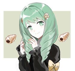  bow chocolate_cornet closed_mouth commentary female fire_emblem fire_emblem:_three_houses flayn_(fire_emblem) food garreg_mach_monastery_uniform green_eyes green_hair hair_ornament long_hair long_sleeves menoko protected_link simple_background smile solo uniform upper_body 