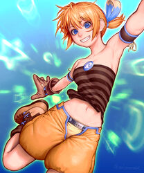  armpits bare_shoulders blue_eyes breasts character_request envenomist_(gengoroumaru) female foot_out_of_frame gloves grin highres looking_at_viewer medium_breasts midriff navel orange_hair pangya pippin_(pangya) short_twintails shorts simple_background smile solo star_(symbol) strapless tube_top twintails 