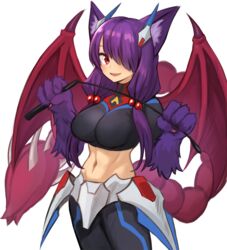  :d animal_ears animal_hands breasts claws commentary crop_top english_commentary female hair_bobbles hair_ornament hair_over_one_eye highres long_hair looking_at_viewer manticore_(monster_girl_encyclopedia) medium_breasts midriff monster_girl monster_girl_encyclopedia navel open_mouth original purple_hair red_eyes reri_(elh) riding_crop smile solo sookmo tail wings 