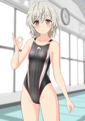  absurdres bad_id bad_twitter_id black_one-piece_swimsuit breasts collarbone commentary_request competition_swimsuit cowboy_shot female grey_hair high_school_fleet highres indoors logo looking_at_viewer ok_sign one-piece_swimsuit parted_lips purple_eyes short_hair small_breasts solo standing striped_clothes striped_one-piece_swimsuit swimsuit takafumi tateishi_shima variant_set 