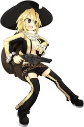  :d black_eyes black_hat black_shorts blonde_hair boots cowboy_hat cowboy_western cropped_jacket female frfr gun handgun hat highres holding holding_gun holding_weapon looking_to_the_side open_mouth revolver short_hair short_shorts shorts simple_background smile solo sonolar summon_night summon_night_3 thighhighs weapon white_background 