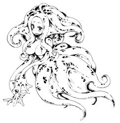  breasts commentary dated_commentary female frfr full_body greyscale highres monochrome monster_girl no_nipples open_mouth original scylla sharp_teeth simple_background smile solo teeth tentacle tentacle_hair webbed_hands white_background 