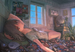  arm_behind_head bed bedroom black_hair brown_eyes cd_player expressionless female globe grey_panties grey_shirt highres indoors looking_at_viewer lying medium_hair no_pants on_back on_bed original panties plant poster_(object) potted_plant shirt short_sleeves solo t-shirt tokunaga_akimasa underwear v-neck window 