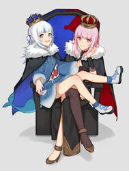  2girls black_cape black_dress black_jacket blue_eyes blue_hair blue_hoodie blunt_bangs brown_legwear cape commentary crown dress english_commentary fins fish_tail fur-trimmed_cape fur_trim gawr_gura gawr_gura_(1st_costume) grey_hair hair_ornament high_heels highres hololive hololive_english hood hoodie jacket king_(vocaloid) long_sleeves mori_calliope mori_calliope_(1st_costume) multiple_girls one_side_up orinte parted_lips pink_eyes pink_hair shark_tail shoes sidelocks simple_background single_thighhigh sitting sitting_on_person smile tail thighhighs throne twitter_username virtual_youtuber white_footwear 