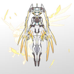  absurdly_long_hair absurdres arms_at_sides bingshan bird blue_eyes breasts colored_skin commentary_request female flat_color full_body gradient_background grey_background hair_wings highres joints large_breasts long_hair long_legs looking_at_viewer navel no_feet non-humanoid_robot original robot robot_animal robot_girl robot_joints smile solo standing straight-on twintails very_long_hair white_background white_skin wings 