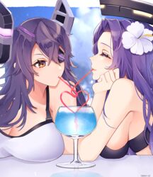  2girls alternate_sleeve_length bikini black_bikini blue_sky breasts closed_eyes cloud commentary_request crazy_straw drinking drinking_straw eyepatch flower hair_flower hair_ornament halo headgear heart_straw kantai_collection kozu_(bloomme1_me) large_breasts long_hair mechanical_halo multiple_girls official_alternate_costume purple_hair shared_drink sky swimsuit tatsuta_(kancolle) tatsuta_(swimsuit_mode)_(kancolle) tenryuu_(kancolle) tenryuu_(swimsuit_mode)_(kancolle) upper_body white_bikini yellow_eyes 