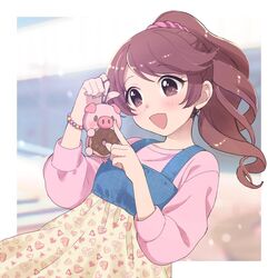  :d bag_charm blue_dress blurry blurry_background border bracelet brown_eyes brown_hair charm_(object) chocolate_doughnut denim denim_dress depth_of_field doughnut dress drill_hair female food hair_ornament hair_scrunchie heart heart_print high_ponytail highres holding holding_stuffed_toy idolmaster idolmaster_cinderella_girls jewelry long_sleeves looking_at_object open_mouth outdoors outside_border pearl_bracelet pink_scrunchie pink_shirt ponytail rn10r scrunchie shiina_noriko shirt sleeveless sleeveless_dress smile solo stairs stuffed_animal stuffed_pig stuffed_toy upper_body white_border yellow_dress 