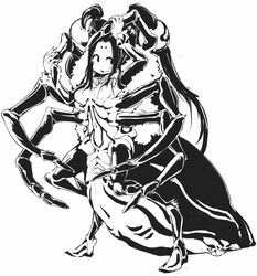  arthropod_girl arthropod_limbs breasts carapace commentary dated_commentary extra_arms female frfr full_body greyscale highres monochrome monster_girl navel no_nipples open_mouth original ponytail smile solo spider_girl standing white_background 