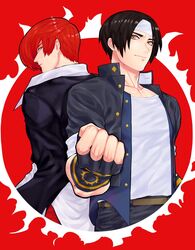  2boys back-to-back bad_id bad_twitter_id black_hair brown_eyes brown_hair clenched_hands curtained_hair fingerless_gloves gakuran gloves hair_over_one_eye hands_in_pockets headband highres juu_satoshi kusanagi_kyou male_focus multiple_boys parted_hair pectorals red_background red_hair school_uniform smile the_king_of_fighters yagami_iori 