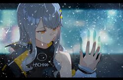  bandaid bandaid_on_face black_shirt commentary english_commentary female glass grey_hair hachi_(live_union) hand_on_glass hand_up izumi_sai jacket live_union long_hair rain shirt sleeveless sleeveless_shirt solo virtual_youtuber water_drop yellow_eyes 