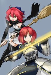  2girls armor artoria_pendragon_(fate) black_scarf blue_dress blue_eyes blue_ribbon breastplate broom chiizu_ore commentary_request concealed_weapon cosplay dress excalibur_(fate/stay_night) fate/grand_order fate/stay_night fate_(series) gauntlets glint glowing glowing_sword glowing_weapon grey_background hair_ribbon highres hisui_(tsukihime) japanese_clothes kimono koha-ace kohaku_(tsukihime) medium_hair multiple_girls obi okita_souji_(fate) okita_souji_(koha-ace) okita_souji_(koha-ace)_(cosplay) one_eye_closed open_mouth red_hair ribbon saber_(fate) saber_(fate)_(cosplay) sash scarf sheath siblings simple_background sisters sweatdrop sword thighhighs tsukihime unsheathing weapon yellow_eyes yukata 