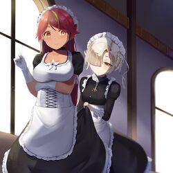  2girls absurdres alternate_costume apron arm_under_breasts azur_lane behind_another black_choker black_dress blonde_hair blunt_bangs blurry blurry_background blush braid breasts buttons choker cleavage closed_mouth collar collarbone commentary_request corset cross cross_choker dark-skinned_female dark_skin day dress enmaided flower frilled_apron frills gloves hair_over_one_eye hand_up highres indoors jamaica_(azur_lane) juliet_sleeves large_breasts lifting_another&#039;s_clothes light_brown_hair light_smile long_hair long_sleeves looking_at_viewer maid maid_headdress mengo metal_collar multicolored_hair multiple_girls orange_eyes parted_lips puffy_short_sleeves puffy_sleeves red_hair sheffield_(azur_lane) short_hair short_sleeves small_breasts smile standing streaked_hair sunlight swept_bangs waist_apron white_apron white_flower white_gloves window 