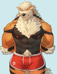  2016 abs adios anthro anthrofied arcanine arm_tuft black_body black_fur bottomwear chest_tuft clothed clothing fangs fur generation_1_pokemon grey_eyes hands_behind_back hi_res looking_at_viewer male muscular muscular_anthro nintendo nipples orange_body orange_fur pecs pokemon pokemon_(species) pokemorph pubes red_bottomwear red_clothing simple_background solo tan_body tan_fur teeth topless tuft 