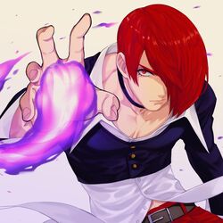  1boy bad_id bad_twitter_id belt choker eyelashes fire hair_over_one_eye juu_satoshi looking_at_viewer male_focus outstretched_hand purple_fire pyrokinesis red_eyes red_hair solo the_king_of_fighters yagami_iori 