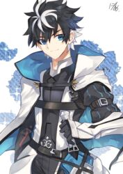  1boy armor black_gloves black_hair blue_eyes blue_flower cape charlemagne_(fate) closed_mouth commentary_request fate/extella fate/extella_link fate/extra fate_(series) floral_background flower gloves hair_between_eyes highres holding holding_sword holding_weapon joyeuse_ordre_(fate) looking_at_viewer male_focus multicolored_hair nikame puff_and_slash_sleeves puffy_sleeves sheath sheathed signature smile solo spiked_hair sword two-tone_hair weapon white_cape white_hair 