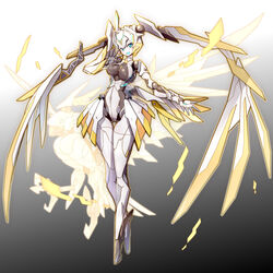  absurdly_long_hair absurdres beak bingshan bird black_background blue_eyes breasts colored_skin commentary_request female full_body gradient_background hair_wings highres joints large_breasts long_hair long_legs looking_at_viewer navel no_feet non-humanoid_robot original robot robot_animal robot_girl robot_joints solo standing talons twintails very_long_hair white_background white_skin wings 