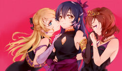  3girls ayase_eli bare_shoulders black_dress black_gloves blonde_hair blue_eyes blue_hair blurry breast_cutout commentary_request depth_of_field dress elbow_gloves gloves hair_between_eyes hair_ornament hand_on_another&#039;s_hip hand_on_another&#039;s_shoulder holding_hands long_hair looking_at_viewer love_live! love_live!_school_idol_project multiple_girls nishikino_maki photoshop_(medium) purple_eyes red_hair shuashu simple_background sleeveless sleeveless_dress smile soldier_game sonoda_umi tiara white_gloves yellow_eyes 