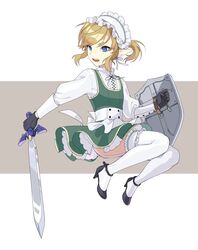  1boy black_footwear black_gloves blonde_hair blue_eyes commentary_request crossdressing dress earrings full_body gloves green_dress grey_background highres holding holding_shield holding_sword holding_weapon jewelry link maid maid_headdress male_focus master_sword meimone pointy_ears ribbon shield shoes short_hair simple_background solo sword teeth the_legend_of_zelda thighhighs upper_teeth_only weapon white_background white_dress white_thighhighs 