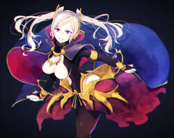  black_background black_legwear breasts bridal_gauntlets dark_persona female fire_emblem fire_emblem_awakening fire_emblem_cipher grima_(fire_emblem) hair_ornament large_breasts mogemogehakumai mystical_high_collar parted_lips red_eyes robin_(female)_(fell_tactician)_(fire_emblem) robin_(female)_(fire_emblem) robin_(fire_emblem) simple_background solo twintails white_hair witch 