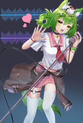  absurdres animal_ear_fluff animal_ears azur_lane black_cardigan black_choker cardigan cardigan_around_waist choker clothes_around_waist collar female green_eyes green_hair heart highres holding holding_microphone isokaze_(azur_lane) isokaze_(sengoku_smasher)_(azur_lane) konparu_uran long_hair looking_at_viewer microphone midriff_peek miniskirt o-ring official_alternate_costume open_mouth pink_collar pink_skirt school_uniform serafuku shirt short_sleeves skirt solo standing thigh_strap thighhighs white_shirt white_thighhighs 