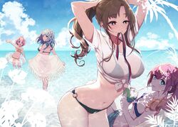  4girls :d absurdres beach bikini black_bikini blue_bikini blue_hair blue_sky breasts brown_eyes brown_hair cloud commentary_request day green_eyes hair_tie_in_mouth hairband highres innertube large_breasts long_hair looking_at_viewer mature_female medhi mouth_hold multiple_girls navel o-ring o-ring_bikini oosuki_mamako open_mouth outdoors pink_hair pochi_(pochi-goya) ponytail porta_(okaa-san_online) see-through shirt short_hair sky smile swim_ring swimsuit t-shirt tsuujou_kougeki_ga_zentai_kougeki_de_ni-kai_kougeki_no_okaasan_wa_suki_desu_ka? tying_hair water waving wise_(okaa-san_online) 