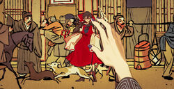  2girls absurdres beard boots bow brown_footwear building canine detached_sleeves facial_hair floating_hair full_body hair_between_eyes hair_tubes hairbow hakurei_reimu highres horse huang_gua human_village_(touhou) japanese_clothes kimono lantern long_hair long_skirt looking_at_viewer multiple_girls nail_polish nontraditional_miko oil_painting_(medium) out_of_frame painting_(medium) paper_lantern purple_nails red_bow red_eyes red_shirt red_skirt ribbon-trimmed_sleeves ribbon_trim scenery shirt single_hand skirt sleeveless sleeveless_shirt standing touching touhou traditional_media walking white_sleeves wide_sleeves yukata 