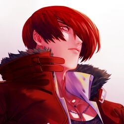  1boy bad_id bad_twitter_id eyelashes fur_collar hair_over_one_eye high_collar jewelry juu_satoshi lips male_focus necklace pectorals popped_collar red_eyes solo the_king_of_fighters the_king_of_fighters_xiv upper_body yagami_iori 