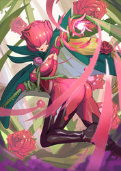  absurdres ass boots breasts cape covered_eyes digimon digimon_(creature) facing_viewer female flower gloves high_heel_boots high_heels highres lipstick liutiao makeup monster_girl plant plant_girl red_flower red_rose rose rosemon solo thigh_boots thighhighs vines 