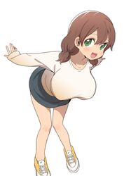  :d absurdres black_skirt blush breasts brown_hair bural_chingu commentary_request female full_body green_eyes hair_between_eyes ham_na-bi highres leaning_forward long_sleeves looking_at_viewer low_twintails luke_(dydansgur) medium_breasts no_socks shirt shoes short_twintails simple_background skirt sleeves_past_wrists smile solo standing twintails white_background white_shirt yellow_footwear 