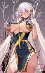  azitama_atsushi_(attyuu) azur_lane braid branch breast_curtains breasts cherry_blossoms china_dress chinese_clothes dated dress female flower from_below garter_straps gloves grey_dress hair_between_eyes hair_flower hair_ornament half_gloves large_breasts medium_hair official_alternate_costume pelvic_curtain red_eyes revealing_clothes ribbon_between_breasts see-through see-through_sleeves side_braid sirius_(azur_lane) sirius_(azure_horizons)_(azur_lane) solo underboob white_gloves white_hair 