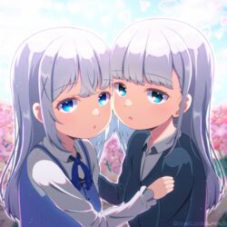  2girls :o aharen-san_wa_hakarenai aharen_reina blue_eyes blue_hair blue_jacket blue_ribbon blue_vest cheek-to-cheek crossover flower gochuumon_wa_usagi_desu_ka? heads_together heart jacket kafuu_chino kuudere light_blue_hair long_hair look-alike looking_at_viewer minase_inori multiple_girls poka_poka_neko rabbit_house_uniform ribbon school_uniform shirt trait_connection upper_body vest voice_actor_connection waitress white_shirt 