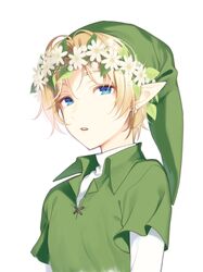  1boy blonde_hair blue_eyes commentary_request earrings flower green_hat green_shirt hair_flower hair_ornament hat jewelry link looking_at_viewer male_focus meimone open_mouth pointy_ears shirt short_hair simple_background solo teeth the_legend_of_zelda upper_body white_background white_flower white_shirt 