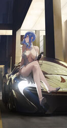  absurdres azur_lane backless_dress backless_outfit bag bare_legs bare_shoulders blue_hair breasts breasts_apart car closed_mouth commentary_request crossed_legs d&#039;orsay_heels dress earrings evening_gown female full_body glint grey_dress grey_footwear halter_dress halterneck handbag headlight high_heels highres holding holding_bag jewelry large_breasts long_hair looking_afar looking_away looking_to_the_side mclaren mclaren_p1 midriff modare motor_vehicle nail_polish necklace official_alternate_costume on_vehicle outdoors pillar plunging_neckline product_placement profile red_eyes revealing_clothes side_ponytail sitting sitting_on_car solo sports_car st._louis_(azur_lane) st._louis_(luxurious_wheels)_(azur_lane) strappy_heels toeless_footwear toenail_polish toenails wavy_hair 