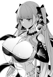  azur_lane bare_shoulders between_breasts blush breast_hold breasts byte_(allbyte) cleavage collarbone commentary_request dress earrings female formidable_(azur_lane) frilled_dress frills greyscale hair_ribbon highres jewelry large_breasts long_hair long_sleeves monochrome nail_polish ribbon simple_background solo twintails upper_body very_long_hair white_background 