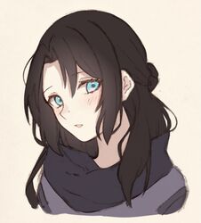  alternate_hairstyle animification apex_legends bad_id bad_twitter_id beige_background black_scarf blue_eyes female hair_behind_ear hair_bun head_tilt highres long_hair looking_at_viewer nose_piercing parted_bangs parted_lips piercing scarf single_hair_bun solo tmt.tem upper_body wraith_(apex_legends) 