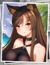  animal_ear_fluff animal_ears arknights bare_shoulders black_choker black_one-piece_swimsuit breasts brown_eyes brown_hair cat_ears choker commentary earrings female hair_between_eyes highres jewelry kaleid large_breasts long_hair looking_at_viewer o-ring o-ring_swimsuit official_alternate_costume one-piece_swimsuit photo_(object) revision skyfire_(arknights) skyfire_(temperature_difference)_(arknights) solo swimsuit upper_body 