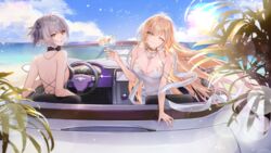  2girls ;) ao_la_xing arm_support backless_dress backless_outfit bare_back beach blonde_hair breasts car car_interior character_request cherry_blossoms cleavage cloud cocktail_umbrella crescent crescent_hair_ornament cup day dress drinking_glass earrings elbow_rest eyelashes fewer_digits floating_hair grey_hair hair_ornament halter_dress halterneck hand_up highres holding holding_cup jewelry leaning_forward long_hair looking_at_viewer looking_back motor_vehicle multiple_girls neck_ring necklace one_eye_closed outdoors palm_leaf pointy_ears shawl sky sleeveless sleeveless_dress smile star_(symbol) star_necklace steering_wheel updo very_long_hair water white_dress yellow_eyes zuo600 