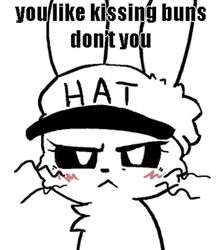  angry anthro black_sclera blush boy_kisser_(meme) buneposter clothing english_text female hat headgear headwear impact_(font) jenny_jeungman lagomorph leporid mammal meme rabbit simple_background solo text whiskers white_background white_body white_eyes 