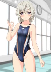  absurdres bad_id bad_twitter_id blue_one-piece_swimsuit breasts collarbone commentary_request competition_swimsuit cowboy_shot female grey_hair high_school_fleet highres indoors logo looking_at_viewer ok_sign one-piece_swimsuit parted_lips purple_eyes short_hair small_breasts solo standing striped_clothes striped_one-piece_swimsuit swimsuit takafumi tateishi_shima variant_set 