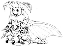  antennae arthropod_girl arthropod_limbs blush closed_mouth commentary dated_commentary dot_mouth extra_breasts female frfr full_body greyscale highres insect_wings kneeling monochrome monster_girl moth_girl original short_hair simple_background solo white_background wings 