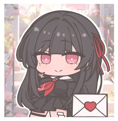 black_hair black_serafuku black_shirt black_skirt breasts bright_pupils chisa_(wuthering_waves) closed_mouth commentary female futaba_(anti_clockwise) hair_ribbon hand_up highres large_breasts long_hair looking_at_viewer love_letter neckerchief photo_background red_eyes red_neckerchief red_ribbon ribbon sailor_collar school_uniform serafuku shirt skirt smile solo symbol-only_commentary thigh_strap white_pupils white_sailor_collar wuthering_waves 