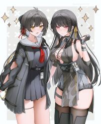  2girls absurdres arm_cutout bare_shoulders black_bow black_dress black_gloves black_hair black_jacket black_serafuku black_shirt black_shorts black_skirt black_thighhighs blush border bow breasts chisa_(wuthering_waves) clothing_cutout commentary_request cosplay costume_switch cross-laced_clothes cross-laced_dress dress earrings elbow_pads female_rover_(wuthering_waves) gloves grey_background hair_ribbon hairbow highres id_card jacket jewelry large_breasts long_hair long_sleeves looking_at_viewer medium_breasts mole mole_under_eye multiple_girls neckerchief open_mouth partially_fingerless_gloves pouch red_neckerchief red_ribbon ribbon rover_(wuthering_waves) sailor_collar school_uniform serafuku shirt short_shorts shorts sinonomemikann skirt sleeveless sleeveless_dress smile tacet_mark_(wuthering_waves) thigh_pouch thigh_strap thighhighs thighs triangle_earrings white_border white_sailor_collar wuthering_waves yellow_eyes yellow_ribbon 