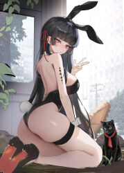  absurdres alternate_costume animal_ear_hairband animal_ears ass back bare_shoulders black_hair black_hat black_leotard black_shoes breasts bright_pupils bubble99 chisa_(wuthering_waves) closed_mouth commentary_request fake_animal_ears female from_side hair_ribbon hairband hand_up hat high_heels highres indoors korean_commentary large_breasts leotard long_hair looking_at_viewer looking_to_the_side playboy_bunny rabbit_ear_hairband rabbit_ears red_eyes red_ribbon ribbon shoes solo tacet_mark_(wuthering_waves) thigh_strap thighs very_long_hair w white_pupils wuthering_waves 
