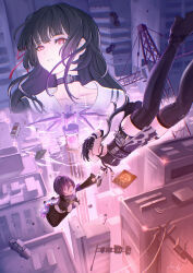  3girls absurdres bare_shoulders black_boots black_choker black_dress black_hair boots breasts chisa_(wuthering_waves) choker chucky_(chucky1000sun) collarbone commentary_request dress earrings female_rover_(wuthering_waves) hair_ribbon highres holding_another's_wrist jewelry long_hair looking_at_another looking_at_viewer medium_breasts mole mole_under_eye multiple_girls parted_lips red_eyes red_ribbon ribbon rover_(wuthering_waves) sailor_collar short_hair signature sleeveless sleeveless_dress sumika_(wuthering_waves) thigh_boots thighs triangle_earrings white_sailor_collar wuthering_waves 