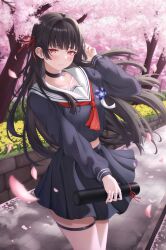  absurdres black_choker black_hair black_serafuku black_shirt black_skirt blush chisa_(wuthering_waves) choker closed_mouth collarbone commentary_request female hair_ribbon hand_up highres holding long_hair looking_at_viewer mole mole_under_eye neckerchief outdoors pink_petals red_eyes red_neckerchief red_ribbon ribbon sailor_collar school_uniform serafuku shinigami_kiraki shirt skirt smile solo thigh_strap white_sailor_collar wuthering_waves 